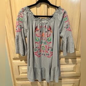 Umgee Gray Tunic Dress with Pink and Green Hummingbird Embroidery